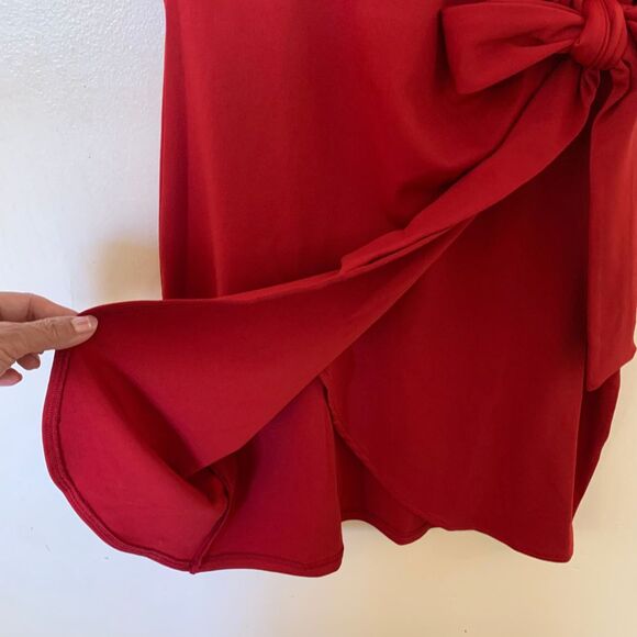 Red Faux Wrap Dress with Side Tie – Short Sleeve Knee Length Women’s Size M - Picture 8 of 10